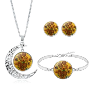 Detailed set of Van Gogh Sunflower art jewelry including moon necklace, bracelet and earrings