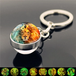 Macro shot of Leo zodiac sign glass ball keychain with polished silver metal link and ring
