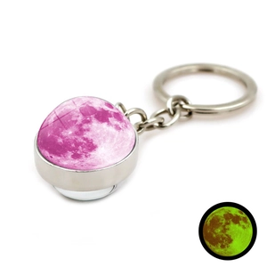 Porte-clés lune lumineux avec boule de verre double face et effet brillant vert