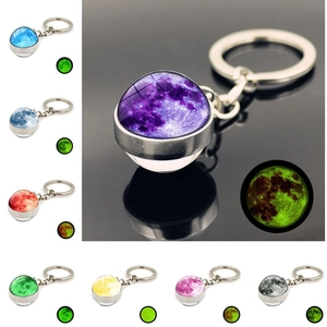 Porte-clés lune et planète lumineux avec pendentif boule de verre en 8 couleurs