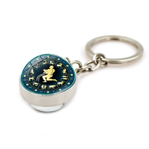 Porte-clés signe Verseau lumineux avec boule de cristal en verre et anneau métallique