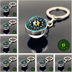 Porte-clés lumineux boule de cristal zodiaque avec anneau en métal argenté brillant