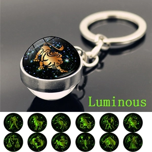 Gros plan du porte-clés lumineux signe Lion avec effet de lueur verte dans le noir