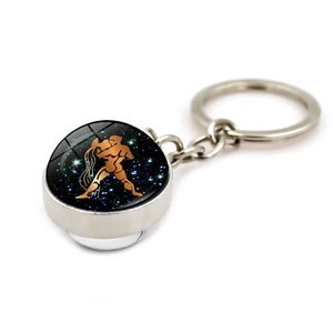 Porte-clés lumineux Verseau avec boule de cristal double face et pendentif en métal argenté