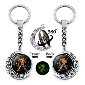 Luminous 12 Zodiac Signs Keychain Rotating Double Sided Moon Starry Sky Pendant Zinc Alloy Key Ring Jewelry For Men Women