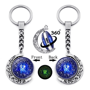 Luminous 12 Zodiac Sign Keychain 360 Degree Rotating Hollow Moon Zinc Alloy Glass Ball Starry Sky Double Sided Key Ring