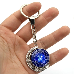 Luminous 12 constellations rotating moon keychain with Gemini zodiac pendant for couples