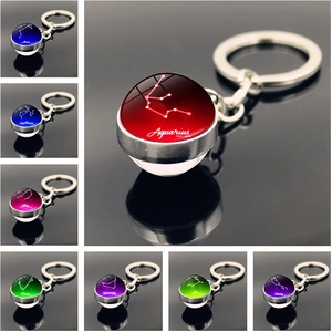Zodiac Constellation Time Gem Keychain Starry Sky Glass Ball Pendant Zinc Alloy Metal Key Ring Bag Charm Jewelry Gift