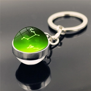 Macro detail of Leo zodiac crystal ball keychain featuring star map and silver alloy ring
