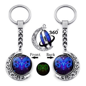 Luminous Twelve Constellation Moon Keychain 360 Degree Rotating Double Sided Glow In Dark Zinc Alloy Glass Gem Pendant Key Ring