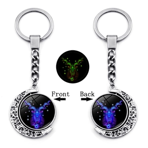 Detailed view of rotating Capricorn constellation keychain with green luminous effect
