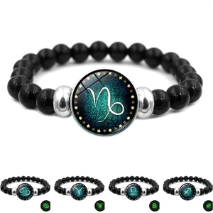 Handmade zodiac sign beaded bracelet with black polished beads and constellation glass gem