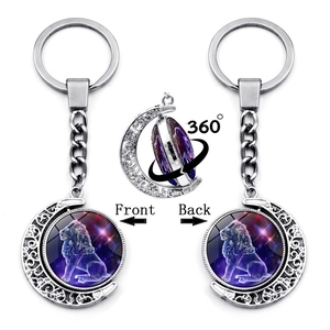 12 Zodiac Sign Luminous Moon Rotating Keychain Metal Keyring Starry Sky Glass Pendant For Bag Charm Birthday Gift