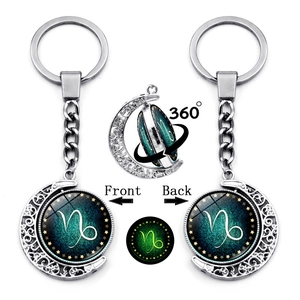 Luminous 12 Zodiac Constellation Rotating Moon Keychain Zinc Alloy Starry Sky Glass Pendant Glow In Dark Jewelry Birthday Gift