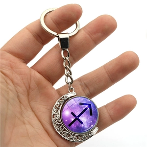Luminous Sagittarius silver metal crescent moon keychain with purple starry sky glass gemstone