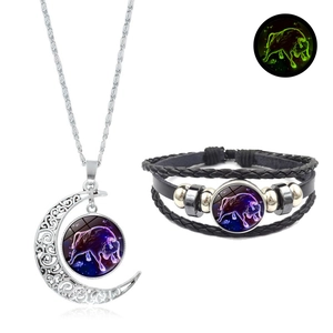 Parure collier croissant de lune lumineux et bracelet en cuir tressé avec signe Taureau