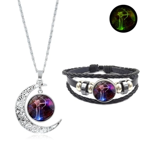 Parure collier lune Sagittaire lumineux et bracelet en cuir tressé avec lueur verte nocturne
