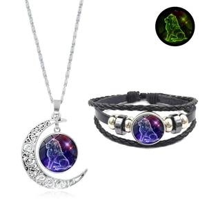 Combinaison Collier Pendentif Lune Douze Signes du Zodiaque Lumineux Et Bracelet Tressé Bijoux en Alliage Brillant dans l'Obscurité