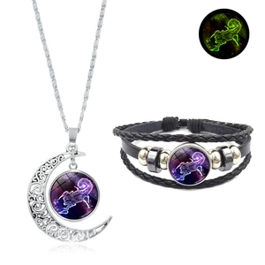 Parure collier lune Scorpion et bracelet en cuir avec constellations lumineuses