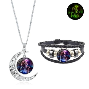 Parure bijoux collier pendentif lune douze constellations et bracelet tressé lumineux