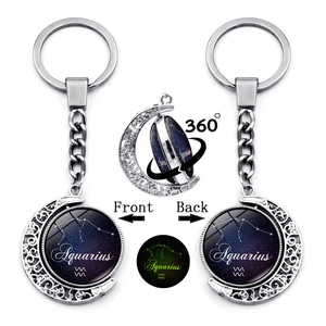 Luminous Rotating Zodiac Moon Keychain Zinc Alloy Glass Starry Sky Constellation Key Ring Pendant For Men Women Jewelry Gift