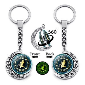 Rotating 12 Zodiac Signs Luminous Moon Keychain Double Sided Zinc Alloy Glass Pendant Fluorescent Starry Sky Key Ring