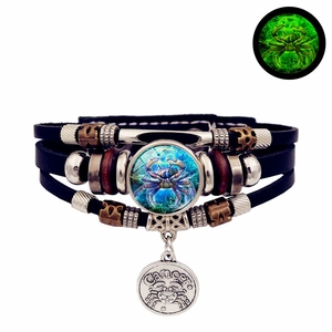 Bracelet Cancer lumineux en cuir noir multicouche avec perles et pendentif fluorescent