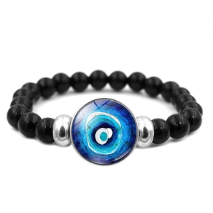 Bracciale portafortuna Malocchio con perline nere lucide e ciondolo blu per uomo e donna