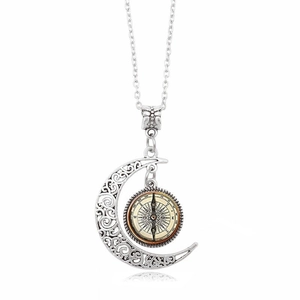Vintage Silver Alloy Hollow Crescent Moon Compass Pattern Glass Pendant Necklace For Women Retro Bohemian Style Jewelry