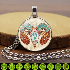 Luminous 12 Constellation Pendant Necklace Glow In The Dark Vintage Silver Alloy Glass Cabochon Zodiac Necklace For Men Women Jewelry