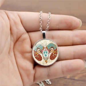 Luminous Aries zodiac sign necklace with crystal glass dome and vintage style pendant