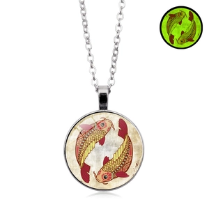 Luminous 12 Zodiac sign necklace with glass pendant featuring Pisces yin yang koi design