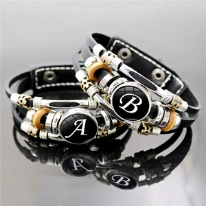 Retro Punk Multi Layer Synthetic Leather Bracelet With Vintage Metal Wood Beads Letter Glass Charm Bracelet For Men Women