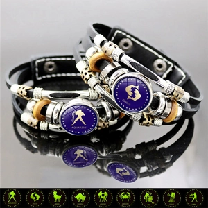 Luminous 12 Zodiac Sign Synthetic Leather Bracelet Retro Punk Handmade Woven Alloy Glass Charm Bracelet Men Women Fashion Jewelry