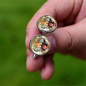 Elegant men's silver cufflinks featuring a realistic roaring tiger glass dome design