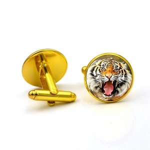 Classic round gold tiger cufflinks with realistic roaring tiger design for formal shirts
