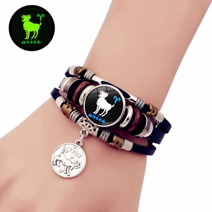 Luminoso Bracciale in Pelle con Dodici Segni Zodiacali Vintage Intreccio Multistrato Stile Punk Gioielli da Polso Unisex Regalo