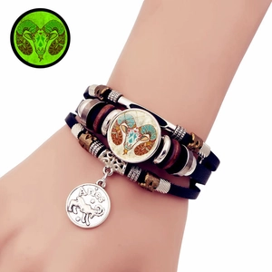Bracelet en Cuir Tressé Multicouche Zodiaque Lumineux Perle en Bois Verre Alliage Lueur Dans le Noir Bijoux Femme Homme