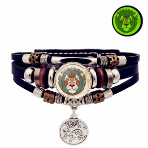 Bracelet multicouche en cuir Léo 12 constellations avec charme lumineux lion