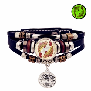 Bracelet multicouche en cuir tressé Poissons avec pierre de verre et breloque métal