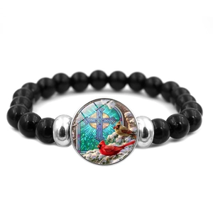 Cardinal bird bead bracelet with religious cross glass dome charm for men and women