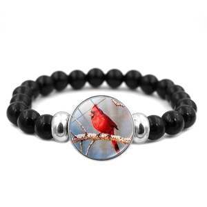 Cardinal Bird Glass Cabochon Beaded Bracelet For Women Men Black Beads Alloy Fashion Jewelry Winter Christmas Nature Gift