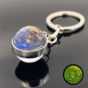 Macro view of luminous Mercury galaxy keychain with silver base and glow-in-the-dark glass ball