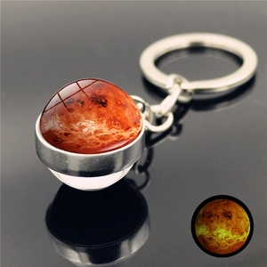 Detailed macro view of dual-sided glass globe keychain with luminous Venus planetary texture