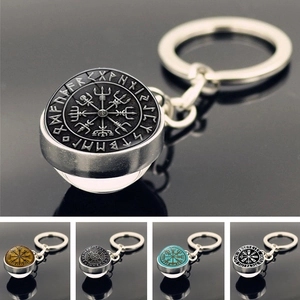 Viking Vegvisir Compass Rune Keychain Nordic Mythology Metal Zinc Alloy Glass Ball Pendant Retro Mythology Jewelry Gift Accessory