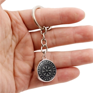 Viking Vegvisir compass keychain with double-sided crystal glass ball and runic metal pendant