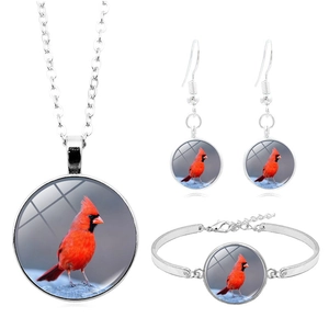 Parure bijoux oiseau cardinal argenté avec collier, boucles d'oreilles et bracelet