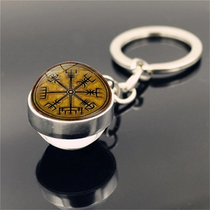 Vintage Viking compass keychain with double-sided crystal glass ball and silver metal base