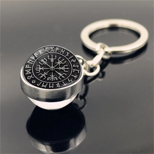 Viking Vegvisir compass keychain with double-sided glass ball and rune metal relief
