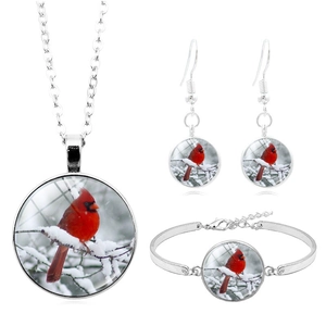 Parure de Bijoux Oiseau Cardinal pour Femmes Alliage Verre Cabochon Scène de Neige d'Hiver Collier Boucles d'Oreilles Bracelet Cadeau